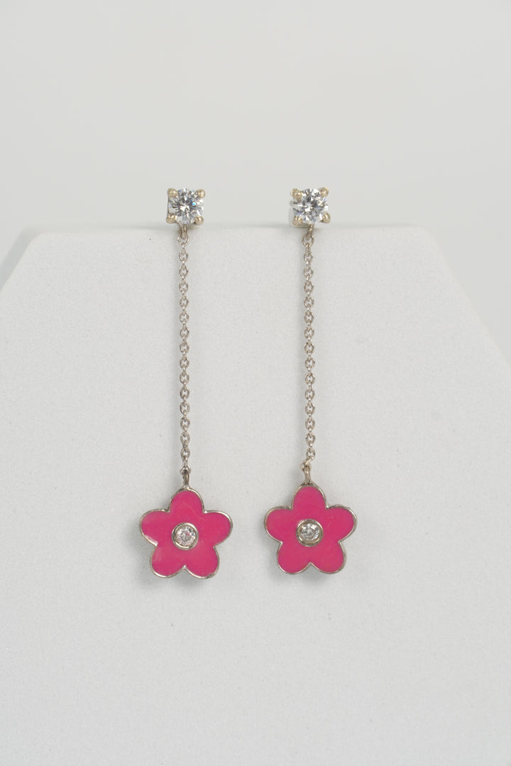 925 RHODIUM PLATED PINK ENAMAL FLOWER DANGLE EARRINGS