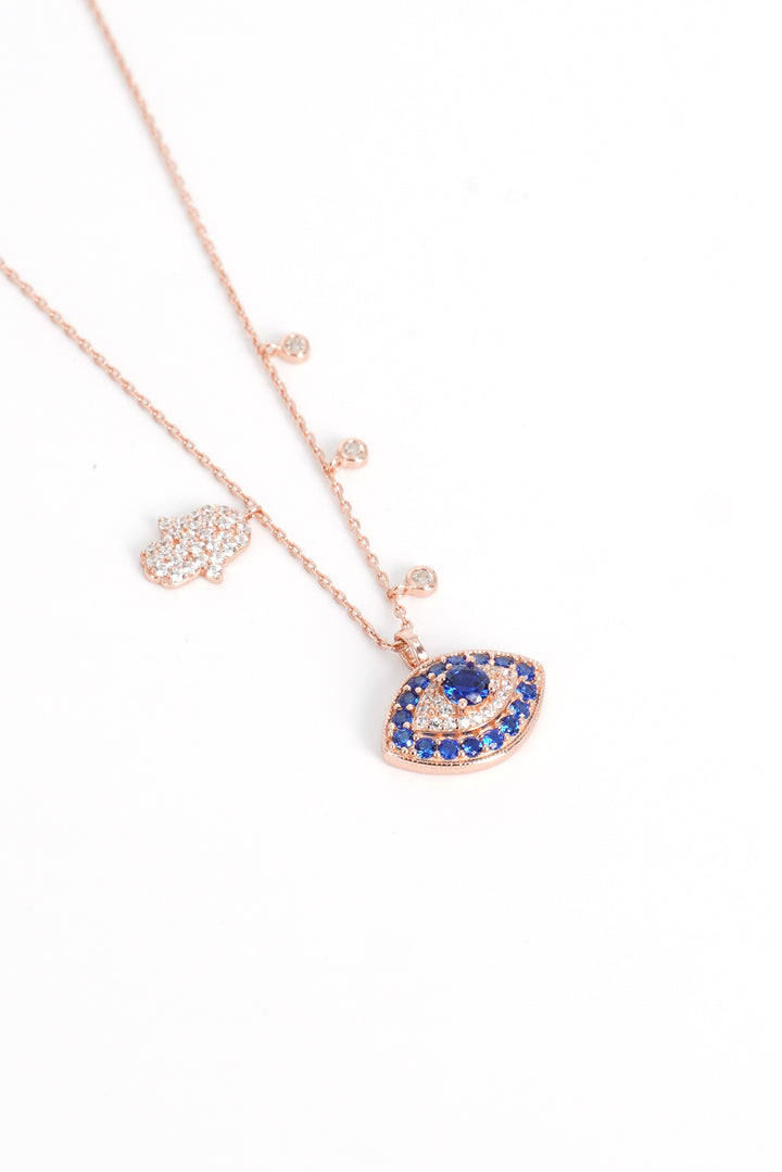 925 SILVER BLUE SAPPHIRE EVIL EYE PENDENT WITH ROSE GOLD CHAIN