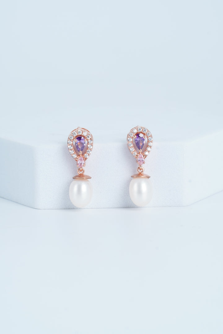 925 WHITE CRYSTALS FROM SWAROVSKI STUDDED,ROSE GOLD FINISH EARRINGS WITH PEARL