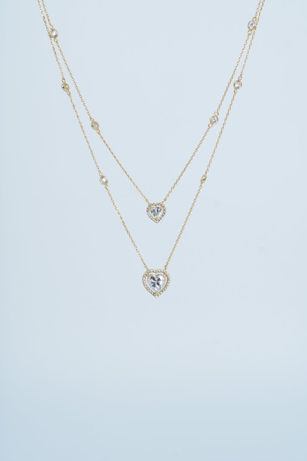 DOUBLE-LAYER GOLD PLATED CZ HEART CHAIN